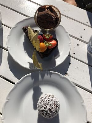 Chocolate cake, chocolate ice cream, chocolate ball all vegan  at Café Zorn in Mora