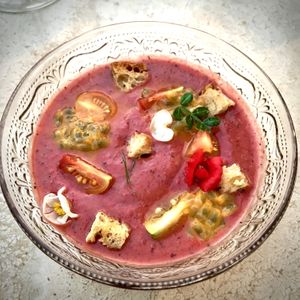 Gazpacho of fruit and tomato  at Sottobosco Bistrot in Grosseto