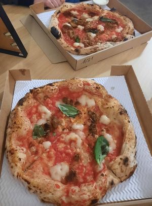 Margarita with added crumbled sausage. at Purezza in Bristol