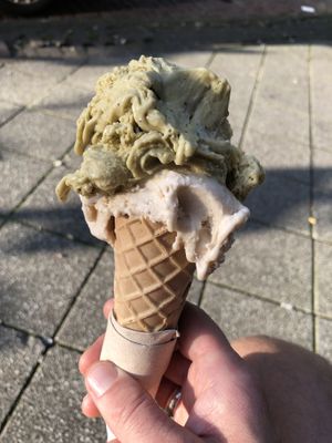 Cone with pistachio and hazelnut   at Massimo Gelato - East in Amsterdam