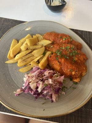 Soutzoukakia (sausage-like made with mashed chickpeas in tomato sauce)  at Avocado in Rhodes