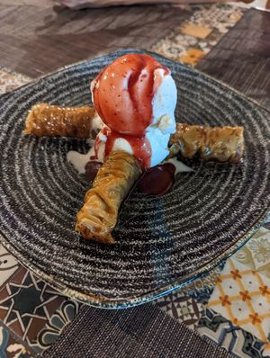 Baklava with ice cream (vegan) at Avocado in Rhodes