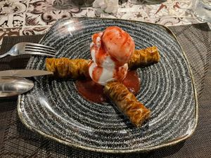 Vegan baklava with ice cream and strawberry sauce  at Avocado in Rhodes