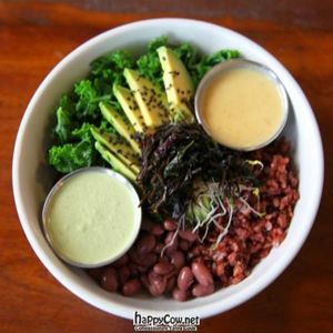dragon bowl: choice of bhutanese red rice or quinoa, beans, arame, wakame and dulse sea vegetables, avocado, steamed greens... at Prasad - Pearl District in Portland