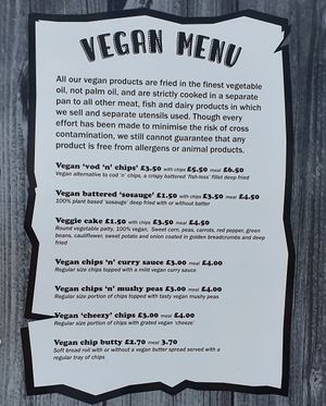 EllMack's vegan menu at Elliot's Fish & Chips in Hunstanton