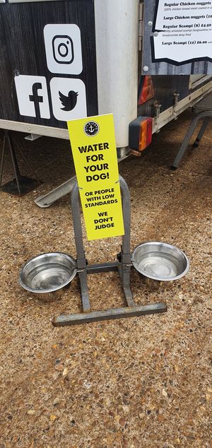 EllMack's water for our furry friends, and us! 🤣 at Elliot's Fish & Chips in Hunstanton
