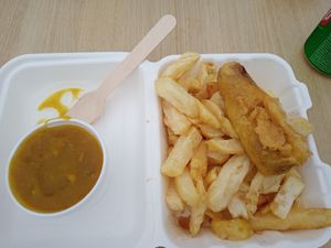 Vegan battered sausage, chips and curry sauce at Elliot's Fish & Chips in Hunstanton