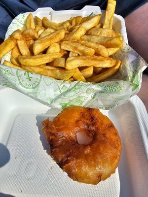 Chips, pineapple fritter. at Elliot's Fish & Chips in Hunstanton