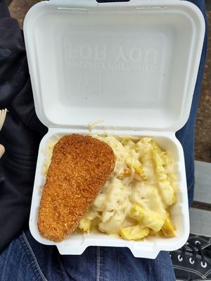 Cheesy chips and vegan fish at Elliot's Fish & Chips in Hunstanton