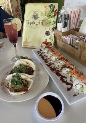 Bao nuns and sesame crunchy shrimp roll at VeggiEAT - Summerlin in Las Vegas