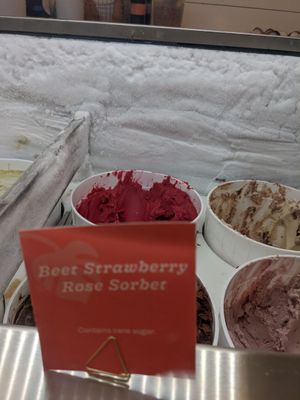 Beet Strawberry Rose Sorbet a beautiful deep color and surprisingly smooth at Frankie & Jo's - University Village in Seattle