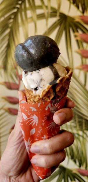 Ash caramel, cookies, and cream in a gluten-free waffle cone. at Frankie & Jo's - University Village in Seattle