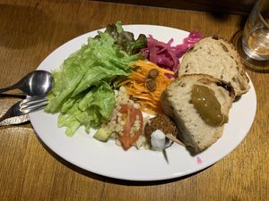 Vegan plate with a homemade vegan bread and rhubarb jam  at Toritsukare Otoko in Tokyo