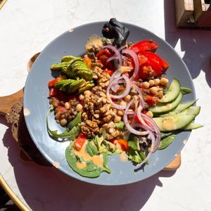 Vegan grilled veggies with lentils, chickpeas, walnuts, avocado, spring onion and lemon zest-vinaigrette   at Saloon in Amsterdam