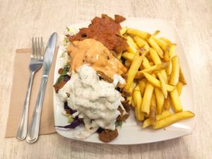 Wöner dish with french fries at Veganbar in Bremen