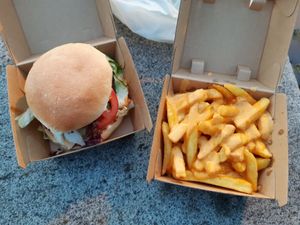 Classic burger and fries with cashew "cheese" sauce at Veganbar in Bremen