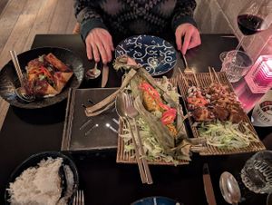 Chilli tofu, tofu and lemongrass in banana leaf and soybean cake sate skewers. at Sampurna in Amsterdam