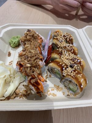 king crab roll + smokey sake roll  at Wellness Sushi in Denver