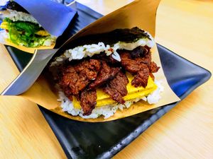 6) TERIYAKI BEEF ONIGIRI
Omnipork Spam, Vegan Tamago, Vegan Terikyaki Beef -- fabulous at Wellness Sushi in Denver