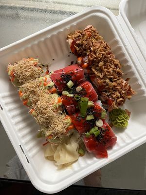 From left to right: Tokyo drift, hot flamingo, and krunchy krab rolls  at Wellness Sushi in Denver