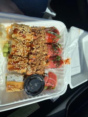 The hot flamingo roll on the right is gluten free  at Wellness Sushi in Denver