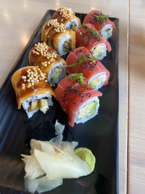 Spicy sake roll and a hot flamingo roll  at Wellness Sushi in Denver