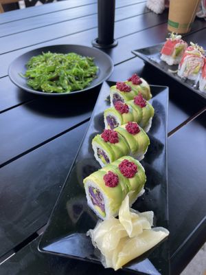 Seaweed salad + Royal Potato Roll  at Wellness Sushi in Denver
