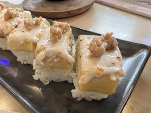 Flame pressed natto .  at Wellness Sushi in Denver