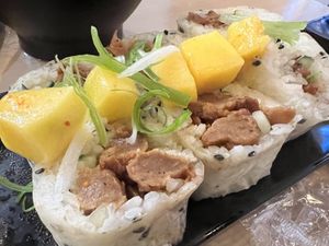 “Beef” and mango roll.  at Wellness Sushi in Denver