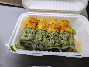 Firey Philly roll (back) Dancing Green Roll (front) at Wellness Sushi in Denver