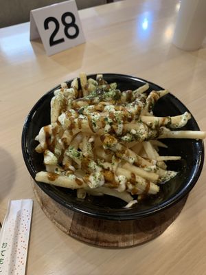 okonomi fries: recommended at check-out and a delicious appetizer to snack on while we waited for the rest of our meal  at Wellness Sushi in Denver