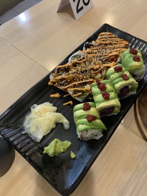 kakiage supreme roll (left) and royal potato roll (left), both flavor bombs!  at Wellness Sushi in Denver