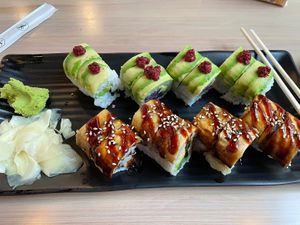 Royal potato roll (top) and Ohnagi roll (bottom)  at Wellness Sushi in Denver