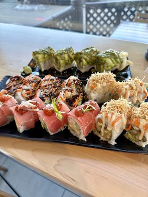 Dancing green roll (back), Kakiage supreme (left), Tokyo drift (right) & hot flamingo (bottom)  at Wellness Sushi in Denver
