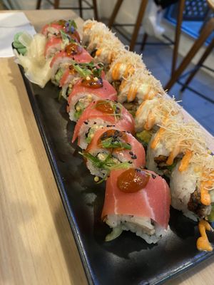  L: hot flamingo roll. R: tokyo drift roll. at Wellness Sushi in Denver