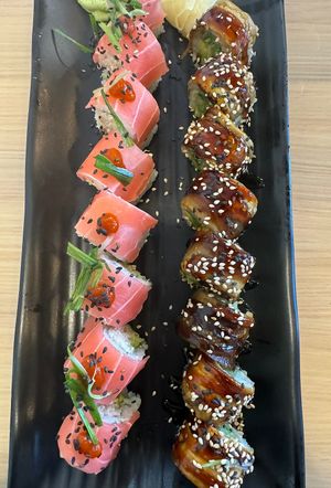 Hot flamingo (left) and Ohnagi roll (right)  at Wellness Sushi in Denver