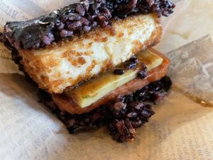 Onigiri with tofu and vegan spam   at Wellness Sushi in Denver