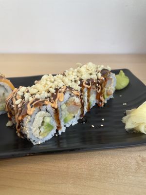 Ebi tempura roll. Really nice savory flavor, textures are spot on with the lightly fried tempura and the crisps on topp  at Wellness Sushi in Denver