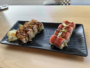 Crunchy crab roll and hot flamingo roll  at Wellness Sushi in Denver