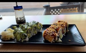 Dancing green roll and ebi tempura roll  at Wellness Sushi in Denver