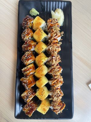 Left to right: Ohnagi roll (awesome green bean tempura), fiery Philly roll (not very good imo), and krunchy crab roll (really nice, the crab is a really interesting texture)  at Wellness Sushi in Denver