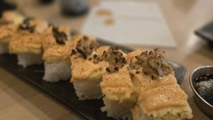 Tomago natto  oshi roll (did not have a strong natto flavor) at Wellness Sushi in Denver