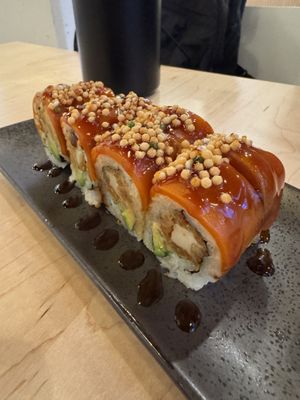 Smoky sake roll  at Wellness Sushi in Denver