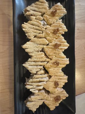 Ohnagi oshi (left) and Tamago natto oshi (right)  at Wellness Sushi in Denver