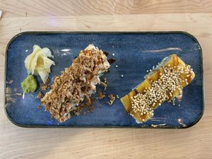 Crunchy crab and smoky sake rollss  at Wellness Sushi in Denver