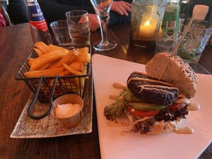 Vegan beet root burger: a bit bland. The fries were good though  at De Zeemeeuw in Noordwijk