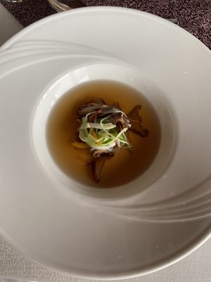 Vegan deconstructed soup with shiitake mushrooms and vegetables  at The Lagoon in Lankanfinolhu