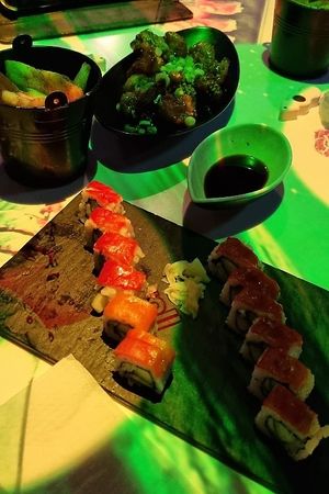 Red dragon roll (in the vegan version of their dragon roll, fish is replaced with red pepper) at Inamo - Soho in London