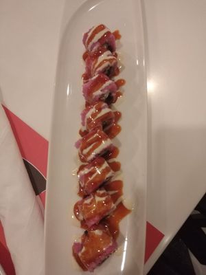 Vegan Chick Pea [Beets, cucumber, mint, panko, hummus & sriracha teriyaki] at Sushi La Bar in Nicosia