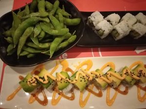 Vegan DracuLa & Edamame (4.00€) & Vegan Rolls with cucumber and avocado. at Sushi La Bar in Nicosia